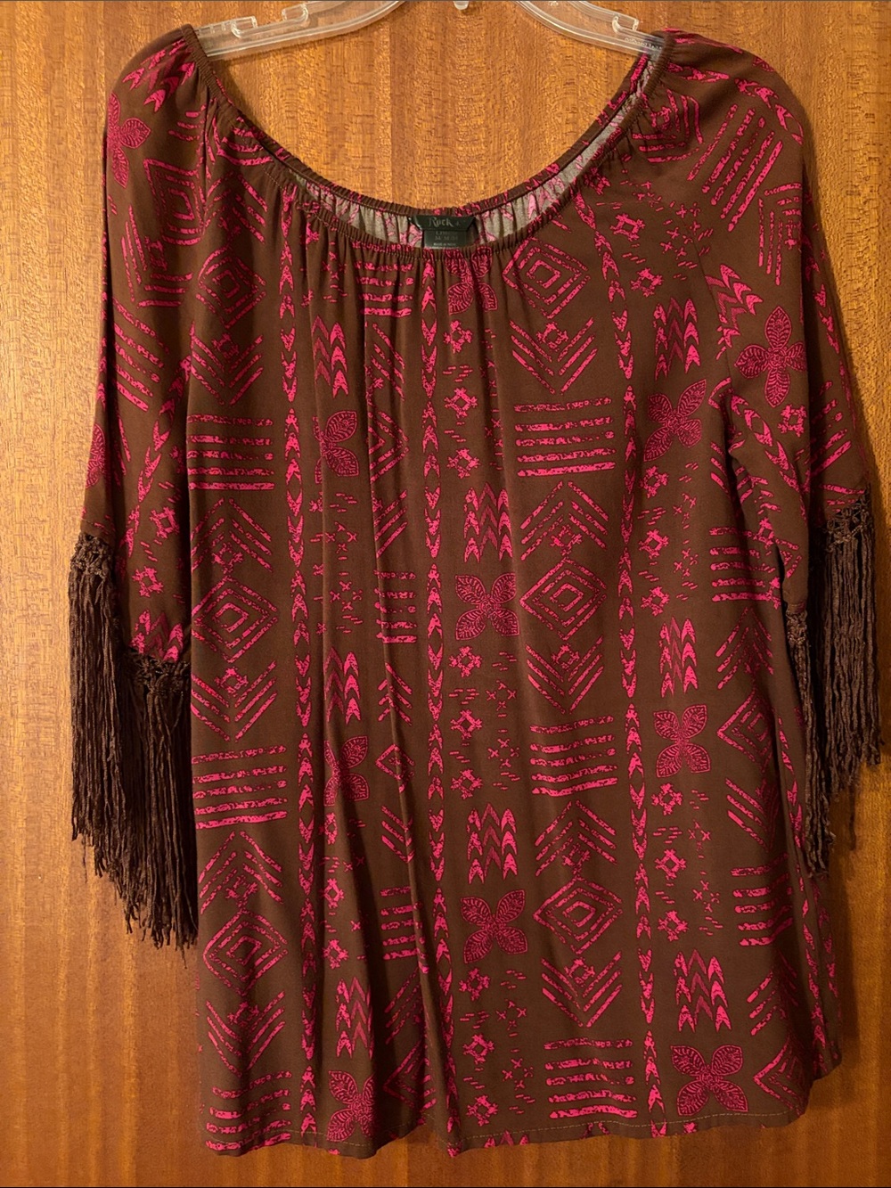 Boho Fringe-Sleeve Tunic in Brown with Fuchsia Pattern